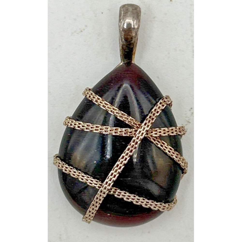 VTG RMN Apache Tear Pendant Black Wire Wrapped Silver Plated 1.75" X  1"‎